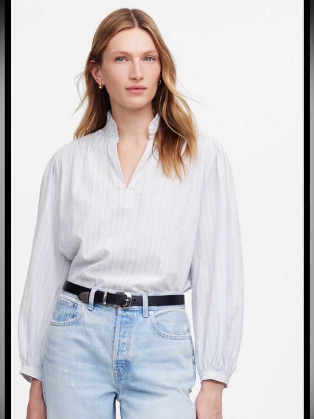 Madewell XL stripe popover ruffled cotton top in blue and white.